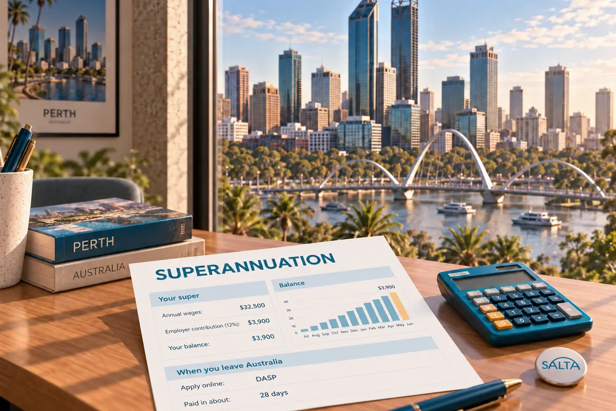 Escritorio con un resumen del superannuation, una calculadora y vistas a Perth