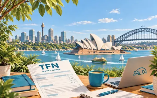 Ilustración de un escritorio con el documento del TFN (Tax File Number) frente a la Ópera y el puente de Sydney