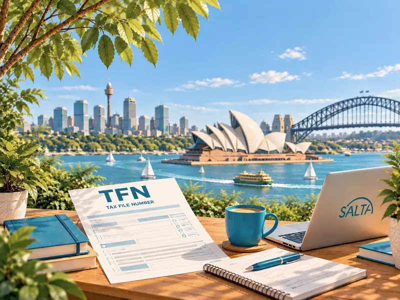 Ilustración de un escritorio con el documento del TFN (Tax File Number) frente a la Ópera y el puente de Sydney