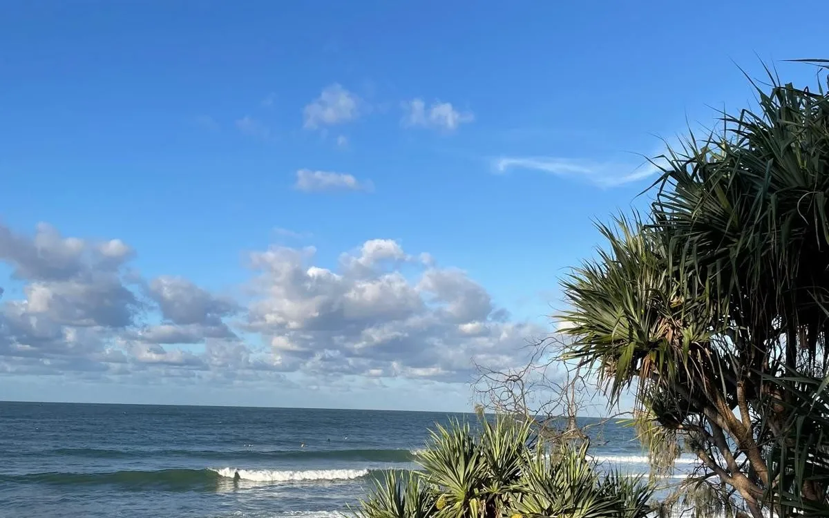 Costa australiana con pándanos, el mar y el cielo azul con nubes