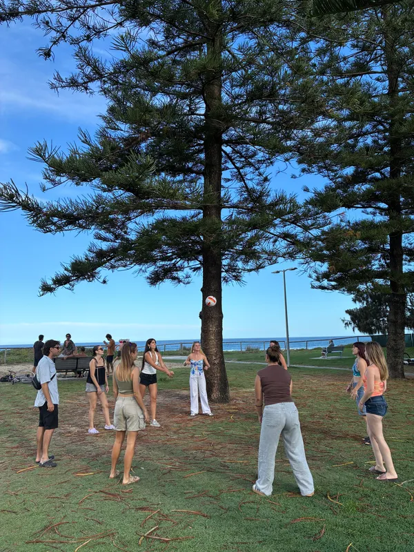 Estudiantes jugando al voleibol en un parque junto al mar