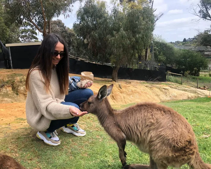Estudiante dando de comer a un canguro