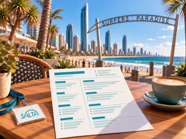 Un currículum en una mesa de terraza frente al arco de Surfers Paradise, con un café