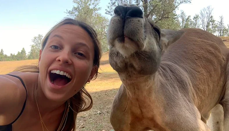 Valeria, estudiante de inglés en Australia, haciéndose un selfie con un canguro