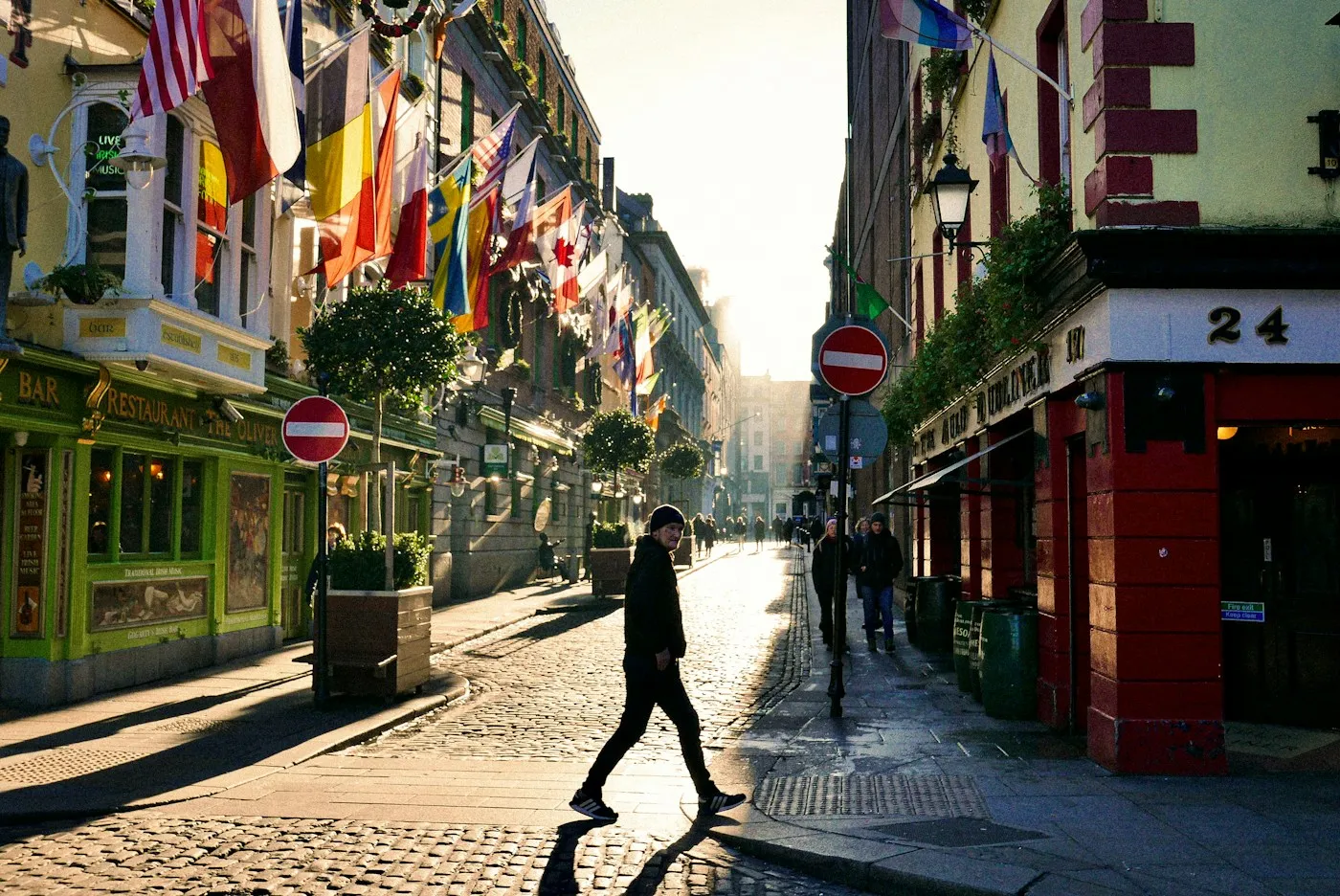 Calle de Temple Bar en Dublín, con pubs de colores y banderas