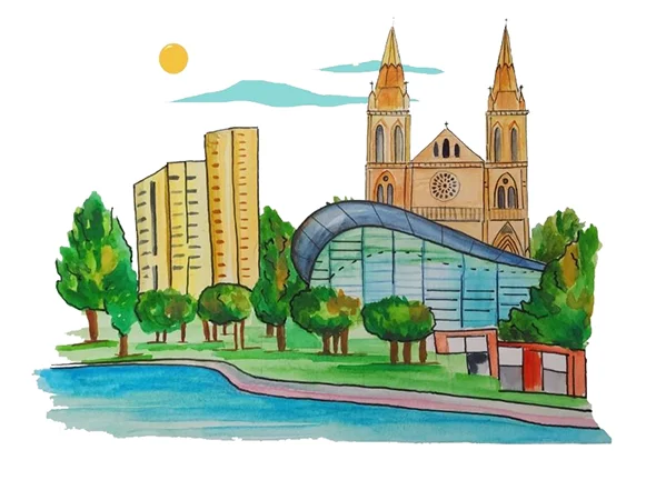 Ilustración de la catedral de Adelaida junto al río