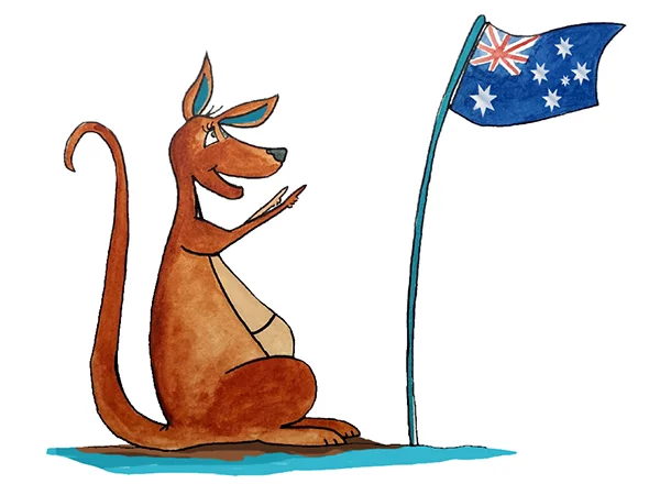 Ilustración de un canguro junto a la bandera de Australia