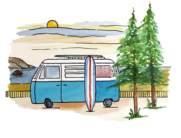 Ilustración de una furgoneta con tabla de surf junto al mar