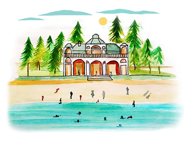 Ilustración de un edificio histórico junto a la playa en el oeste de Australia