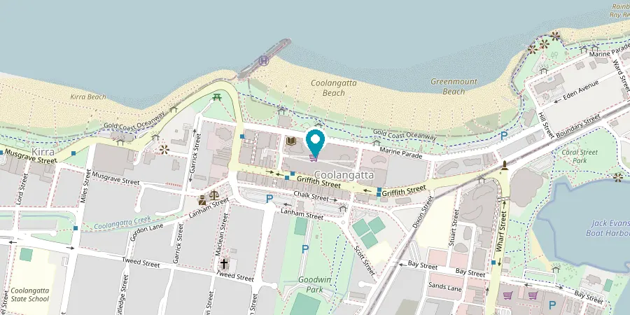 Mapa de Coolangatta con la ubicación de BHLC en The Strand, frente a la playa