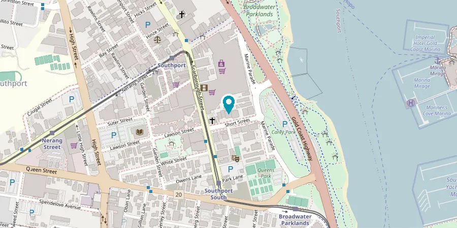 Mapa de Southport con la ubicación de Inforum Education en Short Street, junto a la parada de tranvía