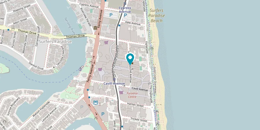 Mapa del centro de Surfers Paradise con la ubicación de Pacific English Study en Orchid Avenue